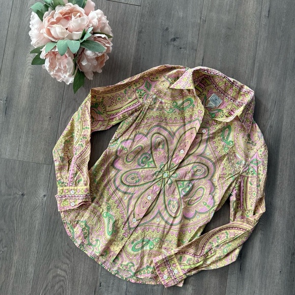 Vintage Lucky Brand Dungarees America Boho Floral Green & Pink Button Up Top - Picture 1 of 3